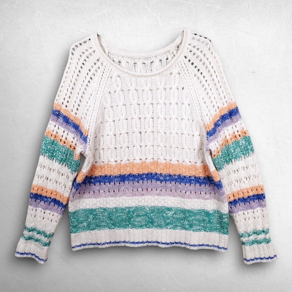 Sundance Open Knit Cable Wool Blend Sweater Womens L Ivory Blue Beachy Coastal
